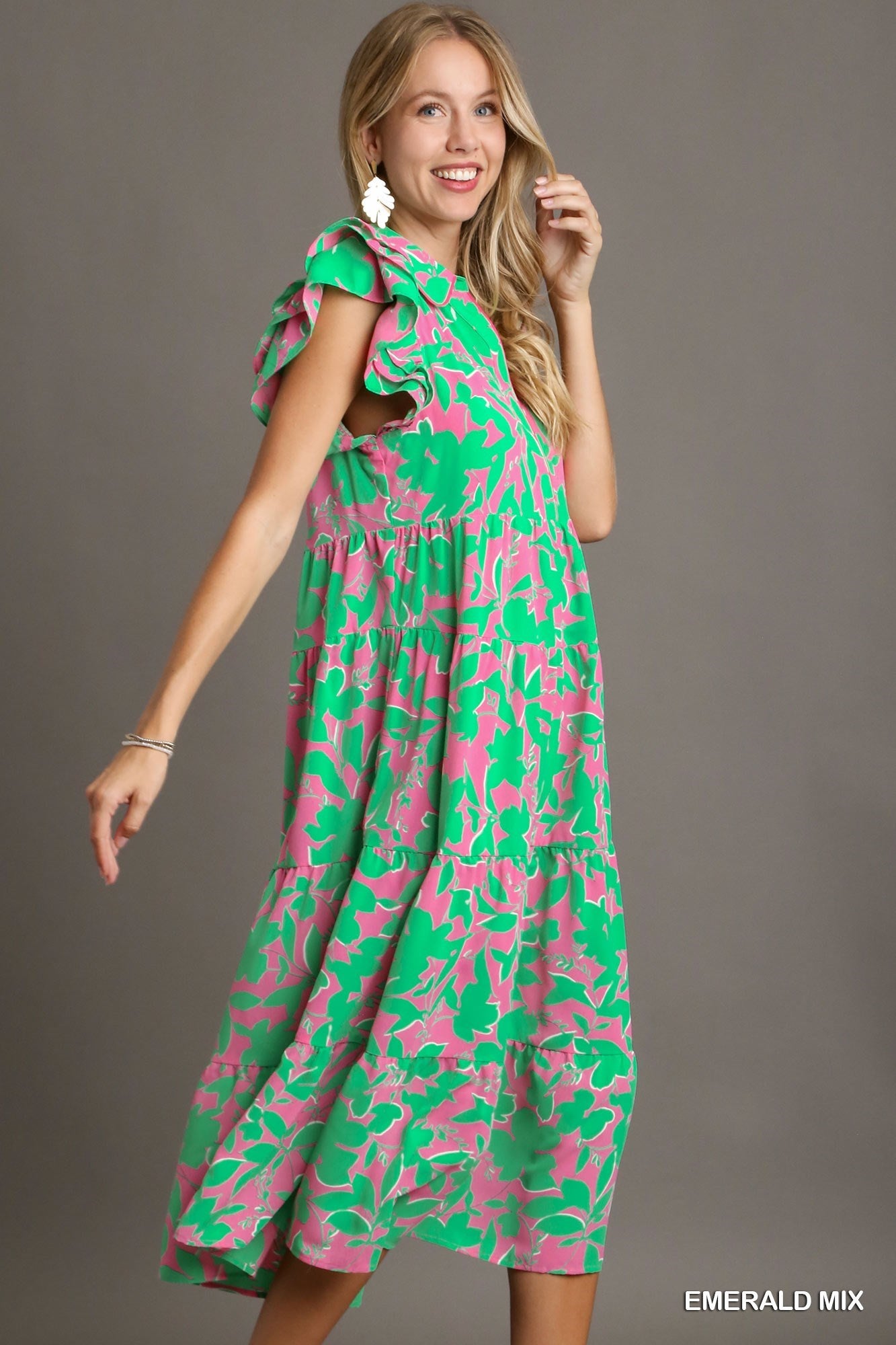 Pink & Emerald Floral Midi Dress