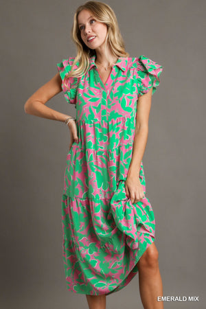 Pink & Emerald Floral Midi Dress