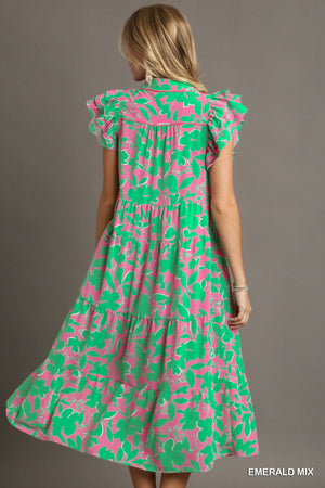 Pink & Emerald Floral Midi Dress