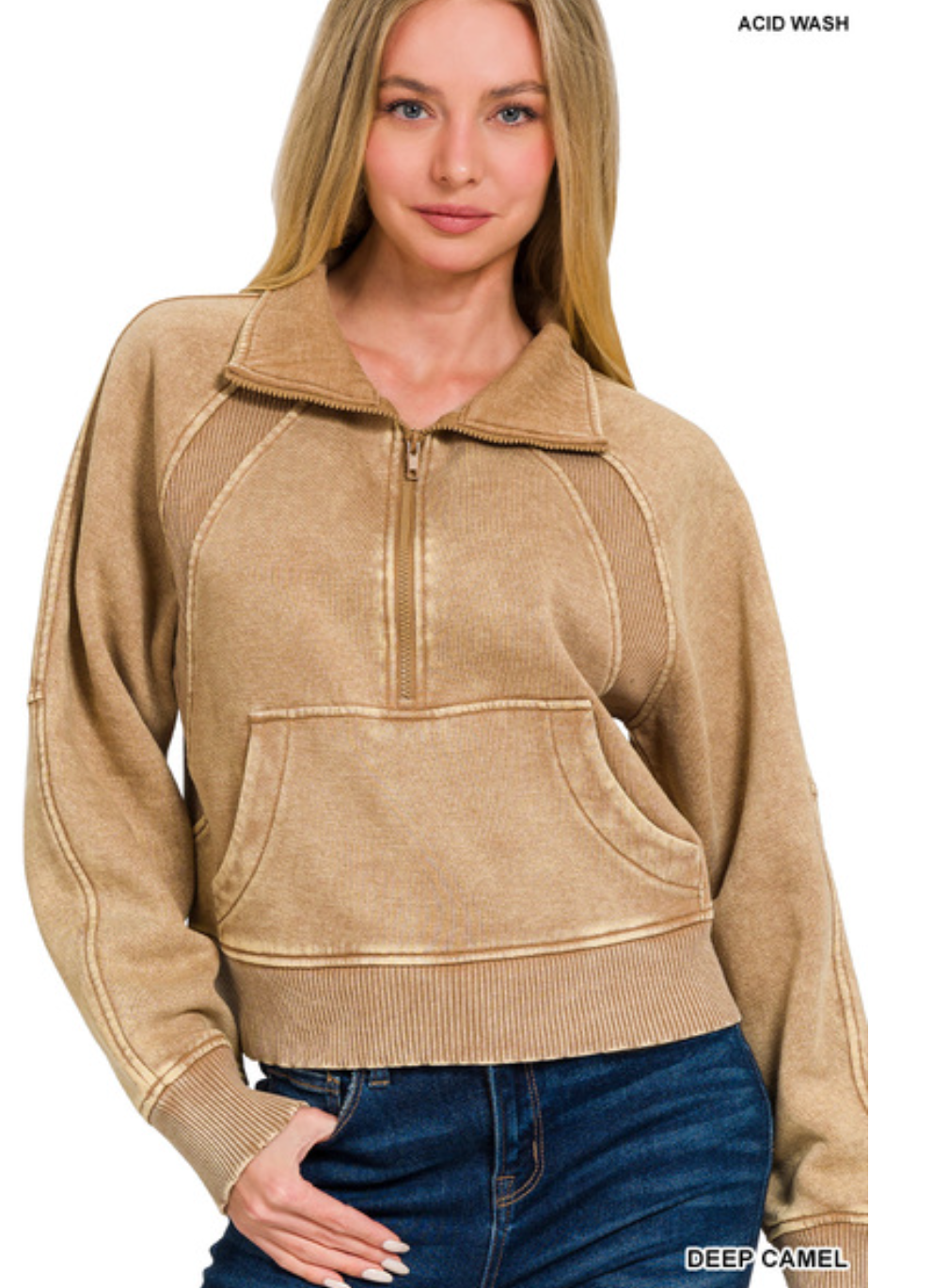 Camel Crop Half Zip Fleece Kangaroo Pocket Pullover