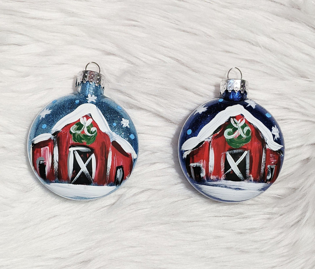 Snowy Barn Handpainted Glass Christmas Ornament