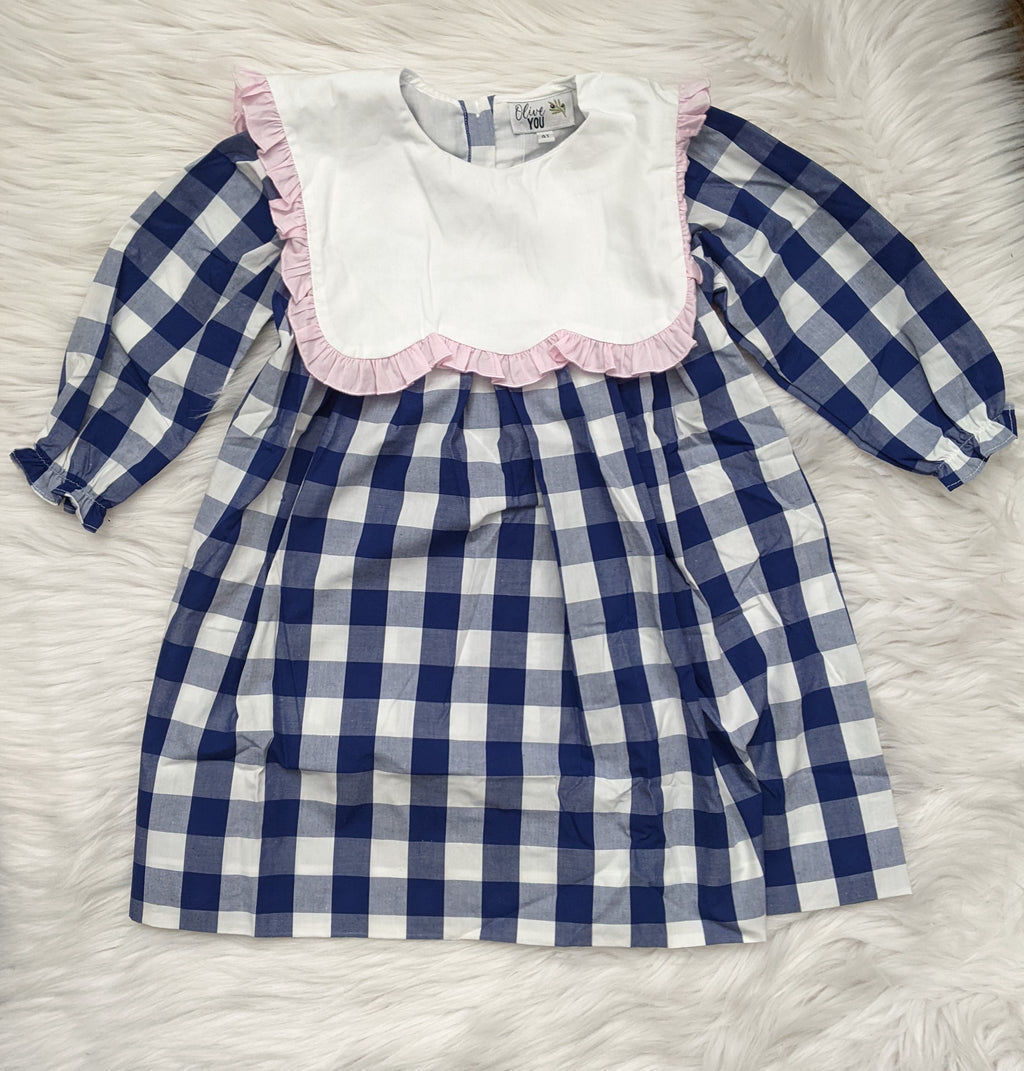 Navy Check Pink Ruffle Bib Dress